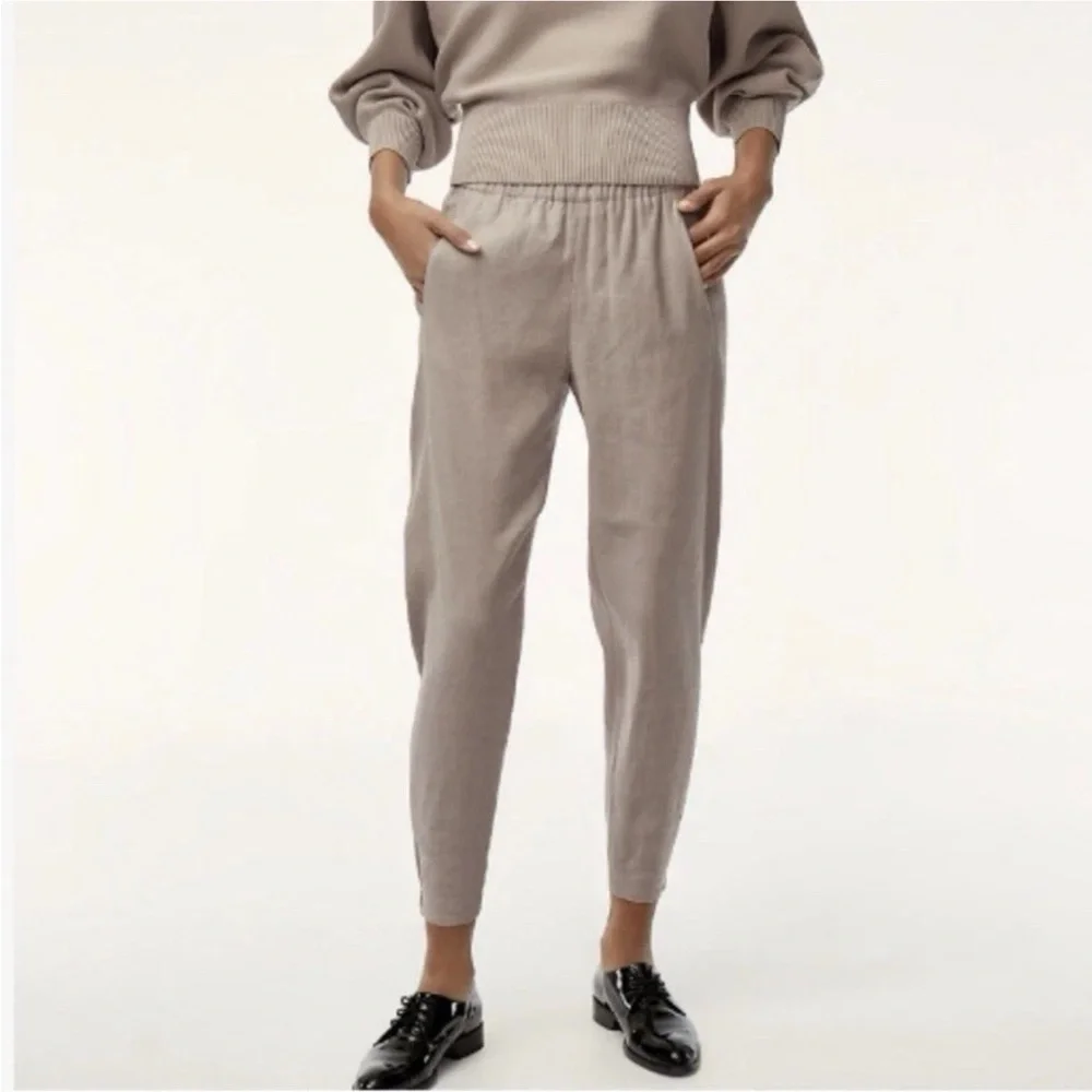 Aritzia Babaton Linen Blend Dexter Jogger Pants Cropped Ankle Pull On Beige SML